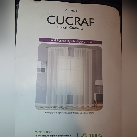CUCRAF POLYESTER CRAFTSMAN SHEER GRAY 2 PANEL CURTAINS W54 x L63 - Picture 8 of 9